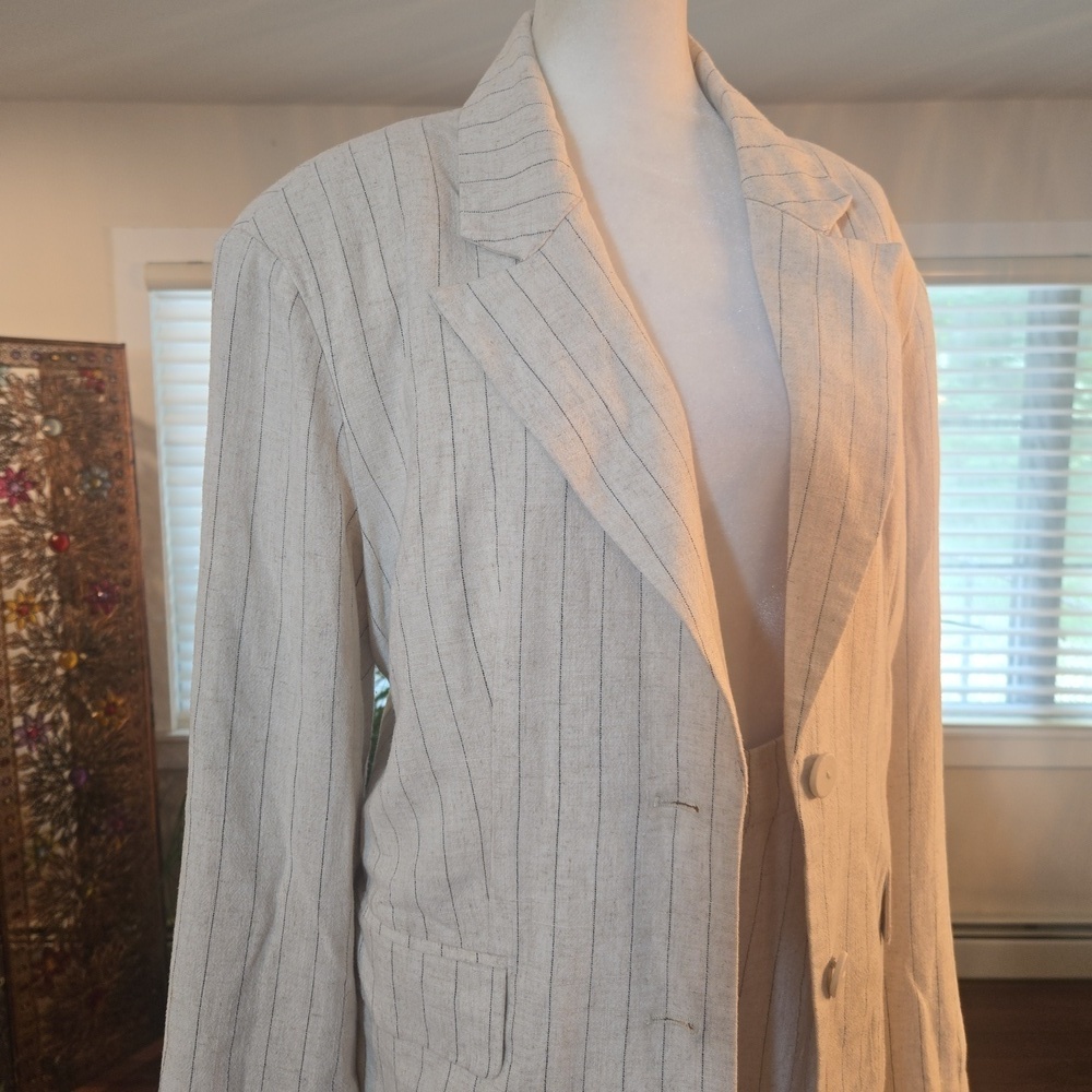Avec Les Filles Womens Linen Pin Striped Blazer & Trouser Suit Set Beige Small - Picture 2 of 12